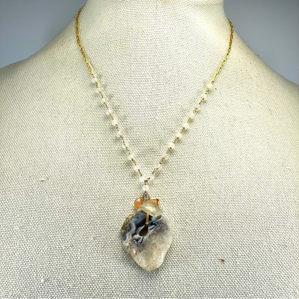Stunning 925 Sterling Silver Agate Geode Rutilated Clear Quartz Beaded Necklace